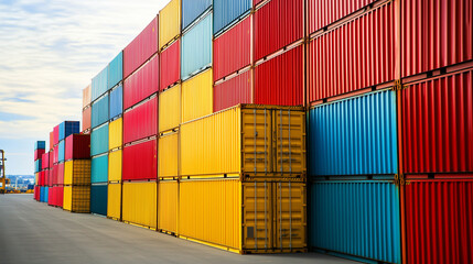 Fototapeta premium Aerial view of colorful shipping containers in a port, created with generative AI technology 