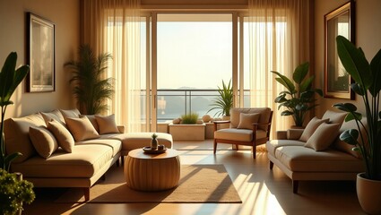 Cozy design of modern Balcony On a Sunny Day, cinematic photography