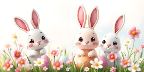 Fototapeta premium Easter background featuring a charming spring scene with pastel-colored Easter eggs, blooming flowers, and a cute bunny
