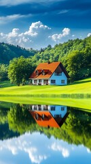 Fototapeta premium A beautiful house in the distance, surrounded by green grass and trees on both sides of it is blue sky and white clouds 