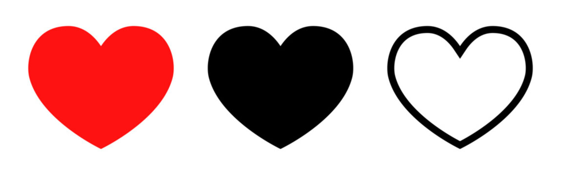 Vector isolated heart icon set in outline and fill