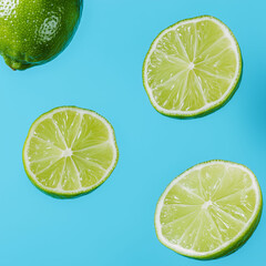 A set of floating lime halved against a pastel blue background