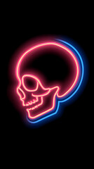 Neon Skull, Glowing Head, Pink & Blue Hues, Dark Background.  An illustration depicts a skull in vibrant neon colors, radiating a mysterious, artistic vibe.