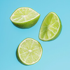 A set of floating lime halved against a pastel blue background