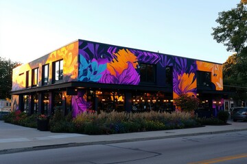 Obraz premium Vibrant Floral Mural Adorns Modern Building Facade