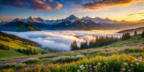 Sunrise over foggy mountain valley