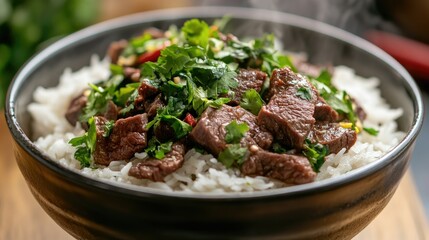Succulent Beef Stir-Fry Over Steamed Rice with Fresh Herbs and Spices