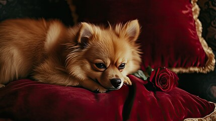 Adorable small dog resting on plush pillow next to red rose flower