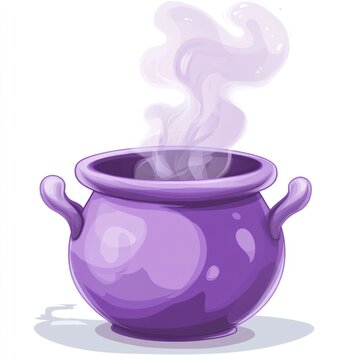 Purple cauldron steaming potion; fantasy kitchen; magical brewing