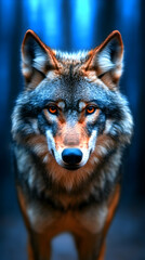 Fototapeta premium Majestic wolf stares intensely, forest background, wildlife photography for nature documentaries