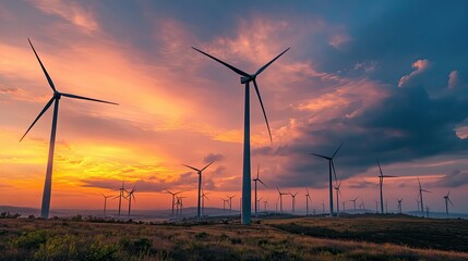 Obraz premium Wind Turbines at Sunset Under Dramatic Sky in Renewable Energy Landscape