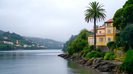 Fototapeta premium Misty River Coastline House, Lush Greenery, Portugal, Calm Background, Travel Photography