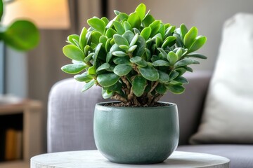 jade plant gracefully placed on a side table beside a cozy sofa, creating a soothing and inviting atmosphere with natural elements enhancing the homey feel