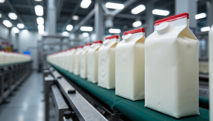 Milk cartons on conveyor belt in industrial factory setting, production process