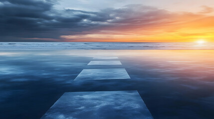 Ocean sunset path reflection; calm waves, dramatic sky; peaceful travel scene