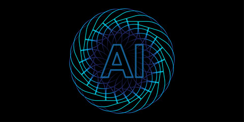 Glowing AI circuit icon. Artificial intelligence technology logo isolated on black background. Vector illustration.	
