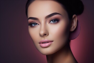 Fototapeta premium Sponge Makeup Artist Creating Perfect Skincare Foundation on Beautiful Woman's Face with Bright and Charming Cosmetics