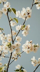 Obraz premium Elegant Soft pink cherry blossoms framing a pastel blue sky with subtle golden sunlight filtering through petals serene April springtime aesthetic 