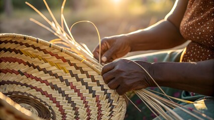 Skilled Hands Weaving Traditional Colorful Basket Outdoors at Sunset