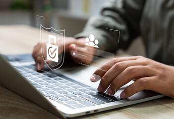 Cybersecurity protects login and secure internet access, Businessman secure data on laptop with encryption and network protection. Secure login and digital privacy, Business confidentiality.