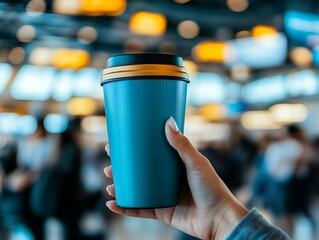 Coffee cup mockup, Female hand holds blue coffee cup with blurred airport background, suitable for advertising coffee products, travel promotion, or lifestyle blogs