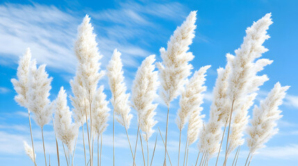 Fototapeta premium Pampas grass swaying gently in the wind against a bright blue sky with wispy clouds; ideal for nature or tranquility themes