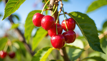 Vibrant cherries hanging on tree branches, flourishing orchard