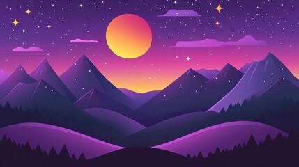 Fototapeta premium Colorful Sunset Landscape with Mountains and Starry Night Sky