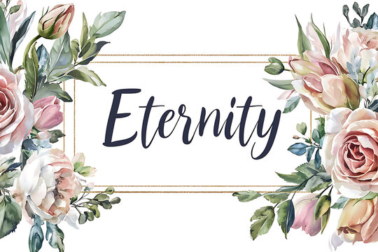 A sophisticated floral typography design featuring the word "eternity" in elegant script, framed by cream-colored roses, soft greenery, and delicate botanical elements.
