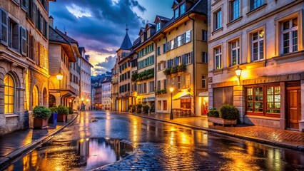 Fototapeta premium Night Photography: Lausanne Street Scene, Illuminated Buildings & City Lights