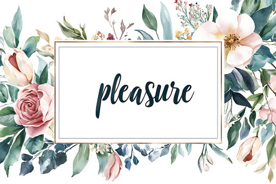 A refined floral typography composition displaying "pleasure" in an elegant script, with a watercolor arrangement of soft pink roses, muted green leaves, and delicate botanical elements.