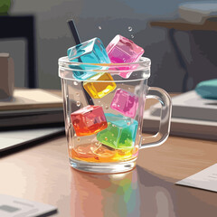 A transparent mug filled with colorful ice cubes and effervescent bubbles, placed on a clean desk surface, crafting a vibrant and refreshing visual appeal.