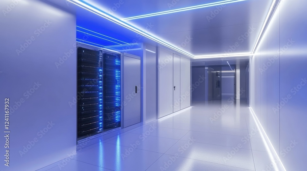 Fototapete minimalistic server room with sleek white walls and glowing blue led lights, featuring modern data r