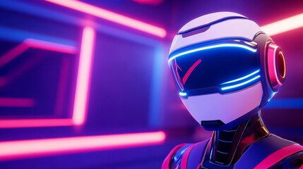 Fototapeta premium Futuristic humanoid robot in a neon-lit corridor, showcasing advanced technology and design