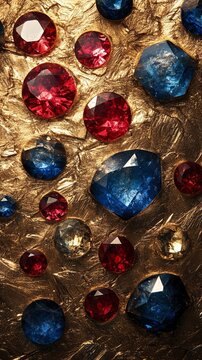 Radiant glowing gems in shades of sapphire blue and ruby red embedded into a dark gold textured background luxurious and bold 