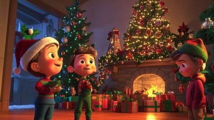 Animated Children Celebrating A Holiday In A Cozy Home