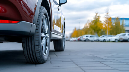 Red SUV parked in dealership lot, autumn background; for automotive advertising