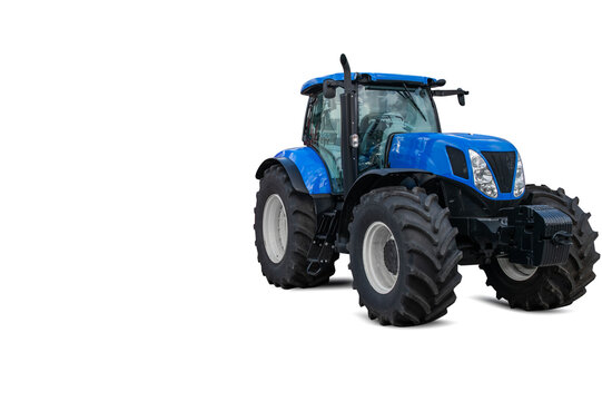 A blue tractor with white tires is parked on a white background