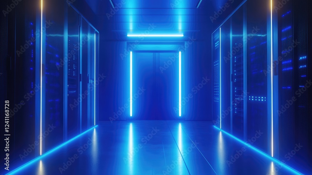 Fototapete futuristic server room with intense blue led lighting, featuring sleek data racks, advanced network 