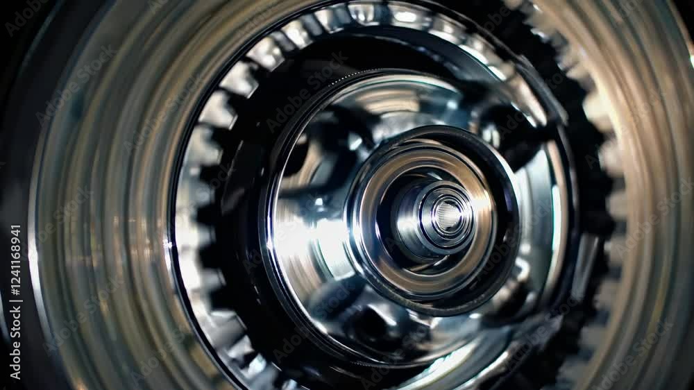 Poster Close-up view of a spinning mechanical gear system in motion revealing intricate design and engineering