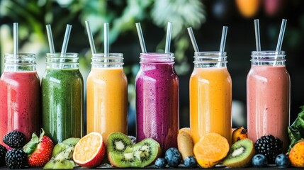 Vibrant Bottles of Freshly Made Smoothies on a Rustic Table