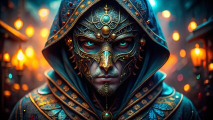 Fototapeta premium Mysterious Hooded Figure with Intricate Mask, Close-up Tilt-Shift Portrait