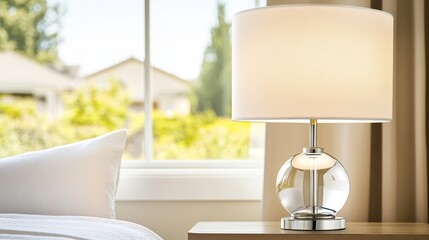 Cozy bedroom scene featuring a stylish lamp on a bedside table, with sunlight streaming through the window
