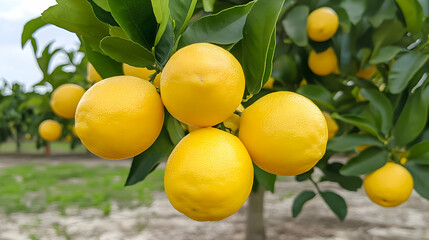 Ripe lemons on tree branch, orchard background, citrus harvest, healthy food