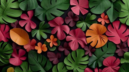 Fototapeta premium A riot of Colorful Flora: Vibrant, intricately crafted paper leaves and flowers create a visually stunning, artistic display of nature's beauty. A celebration of design and organic forms.