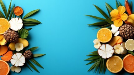 Vibrant Tropical Medley: A colorful collection of fresh, sliced tropical fruits and floral elements artfully arranged against a vivid background, embodying the essence of summer and nature's bounty.