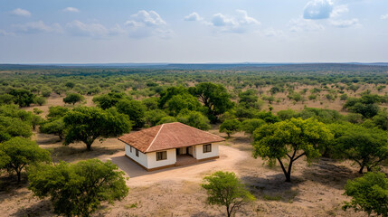 Fototapeta premium Rural house, aerial view, savanna landscape, sunny day, potential real estate listing