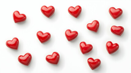 Fototapeta premium Scattered red hearts on white background; Valentine's Day greeting card design