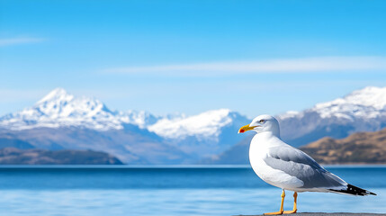 Seagull by Lake Wakatipu, New Zealand mountains background, travel postcard