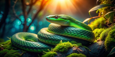 Fototapeta premium Mystical Green Snake Hidden Among Forest Roots - Minimalist Nature Photography